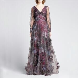 Marchesa Gown 3D‎ Floral Purple Black Printed Organza Foiled Long Sleeve Sz 6